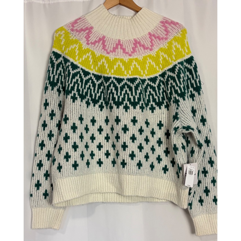 Old Navy Womens Fair Isle Mock Neck Sweater Large Cabincore Cozy Pink Geen